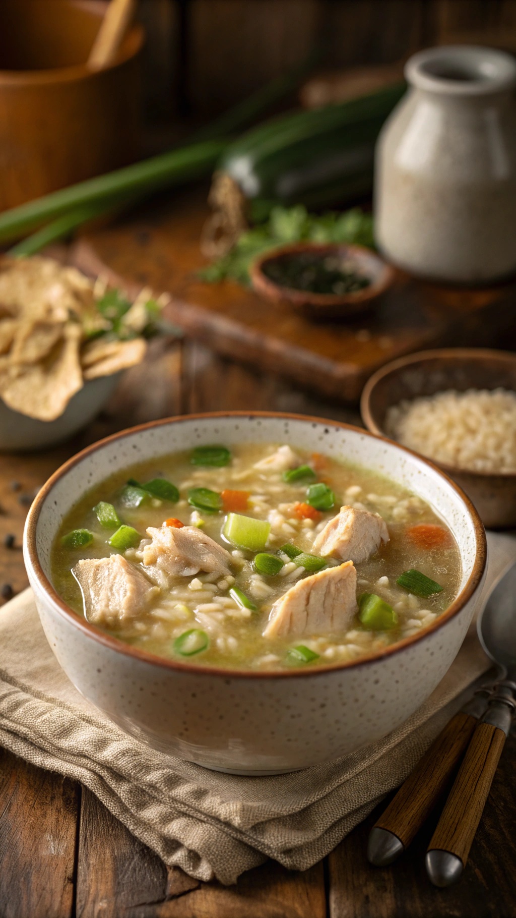 A bowl of chicken and rice soup with vegetables and herbs, served with a side of rice.