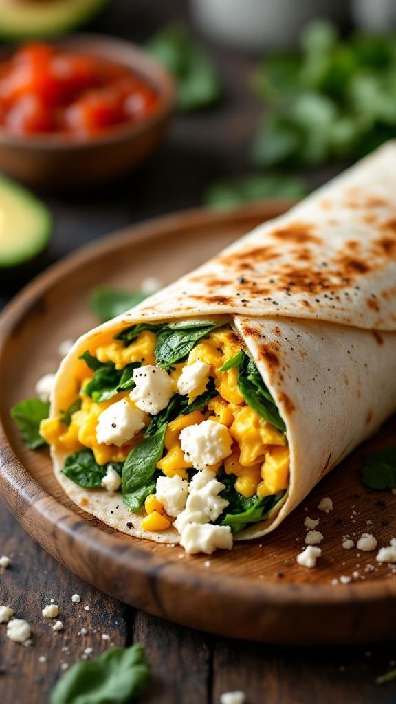 A delicious breakfast burrito filled with spinach, scrambled eggs, and feta cheese, served on a wooden plate.