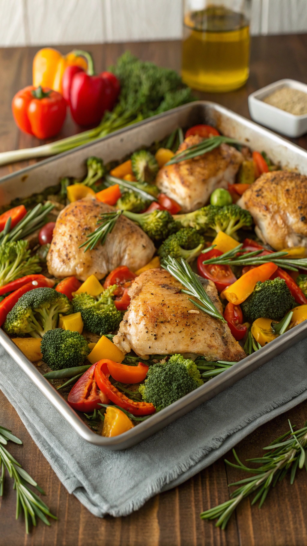 A sheet pan dinner featuring chicken thighs and colorful vegetables like broccoli and bell peppers.