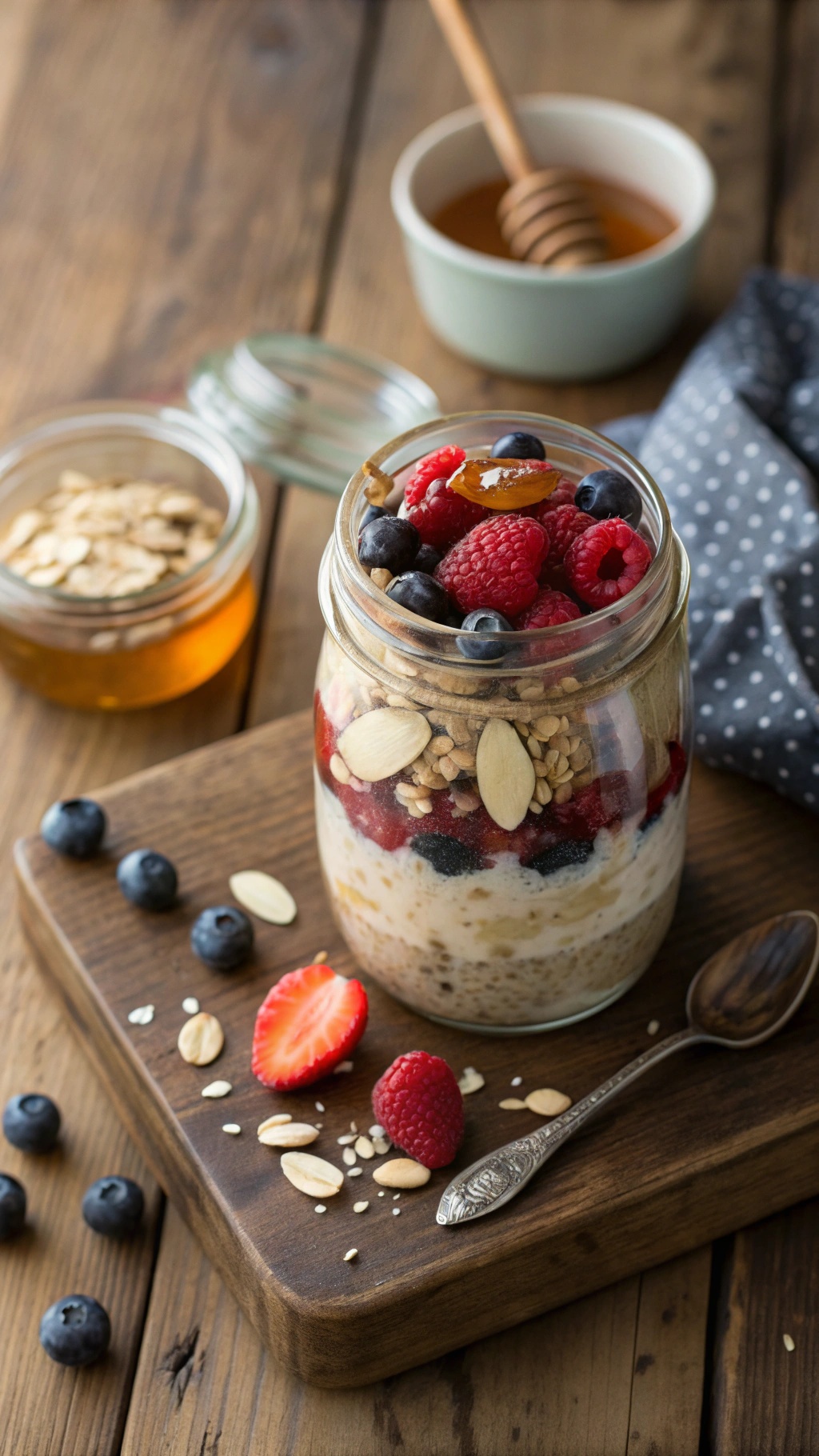 A jar of overnight oats with berries and nuts on a wooden table.
