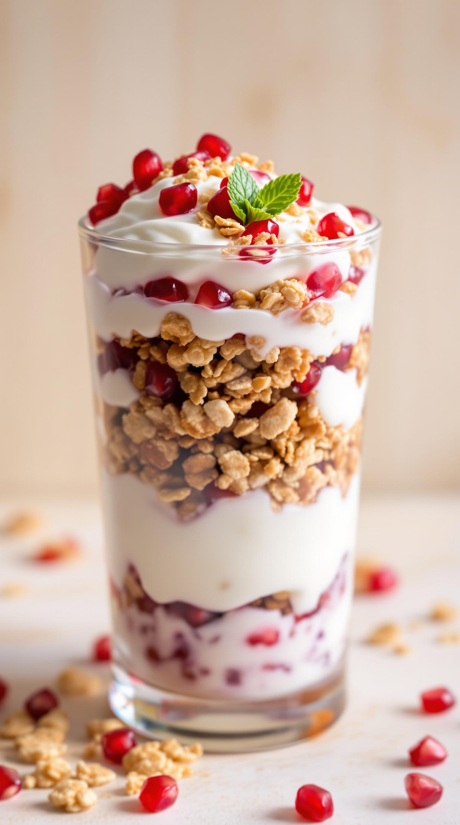 A delicious pomegranate yogurt parfait layered with yogurt, granola, and pomegranate seeds, topped with mint leaves.