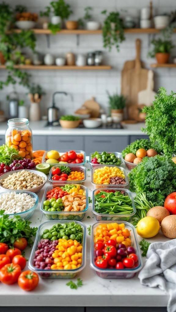 A kitchen counter filled with colorful prepped vegetables and fruits in containers, showcasing meal prep for healthy weeknight dinners.