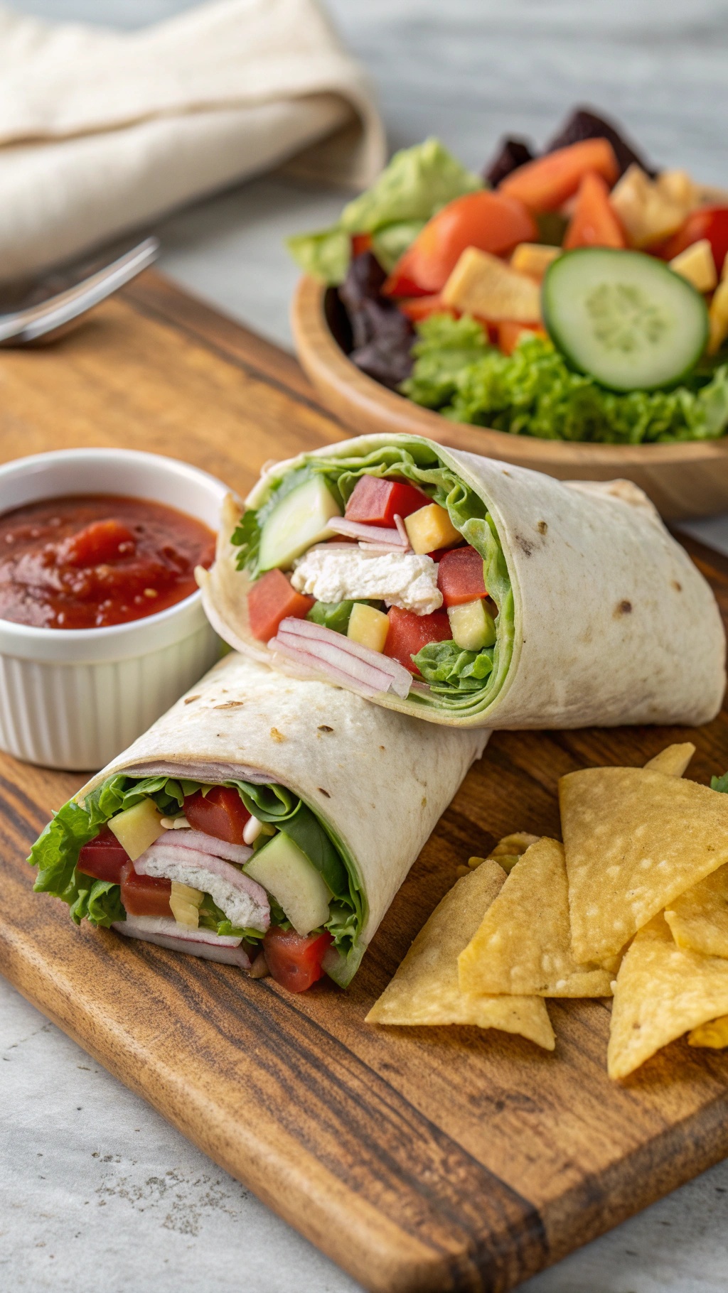 A delicious wrap filled with lettuce, tomatoes, cucumbers, and chicken, served with salsa and tortilla chips.