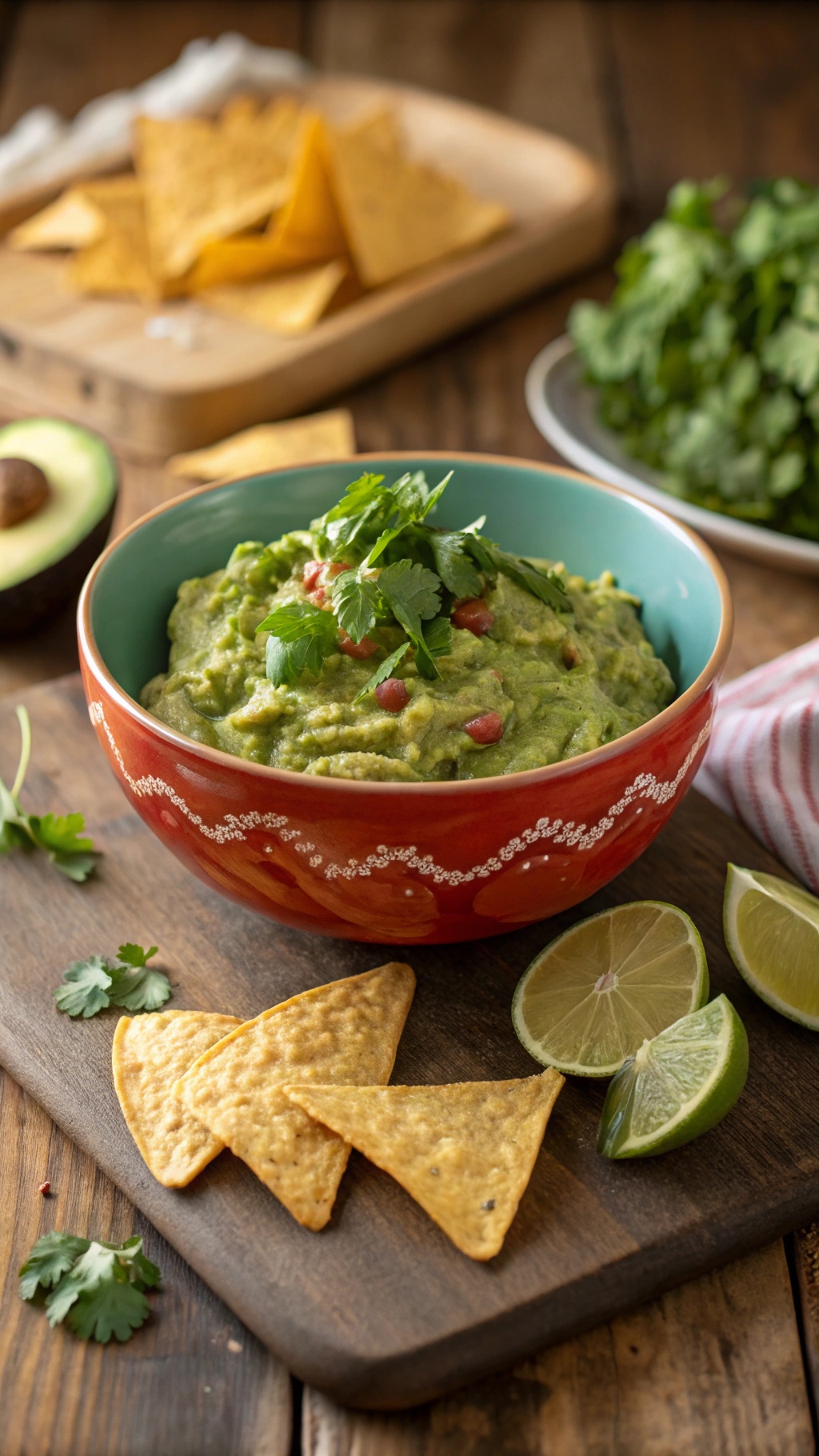 A bowl of guacamole garnished with cilantro and tomatoes, served with tortilla chips and lime wedges.