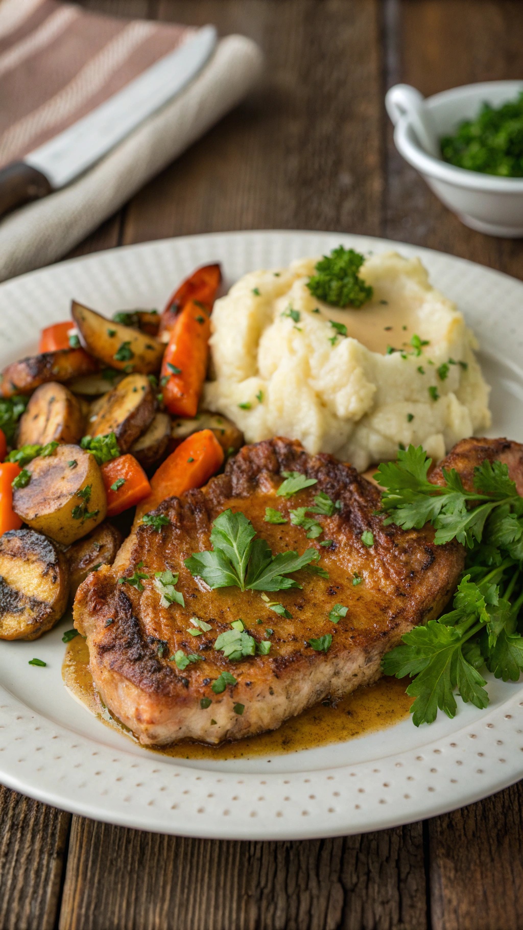 A plate of garlic butter pork chops with mashed potatoes and roasted vegetables.