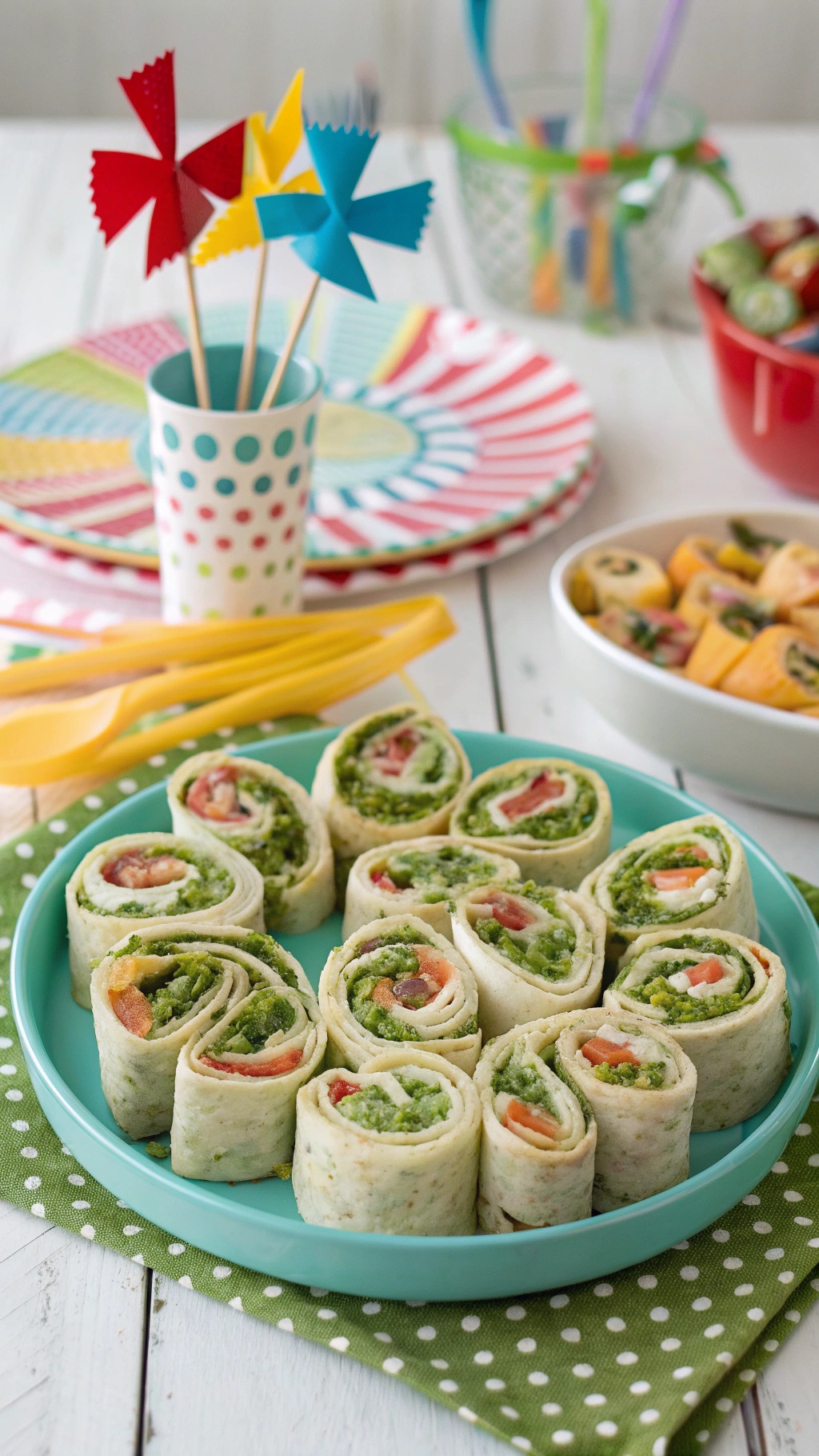 Colorful pesto pinwheels on a turquoise plate, surrounded by festive decorations.