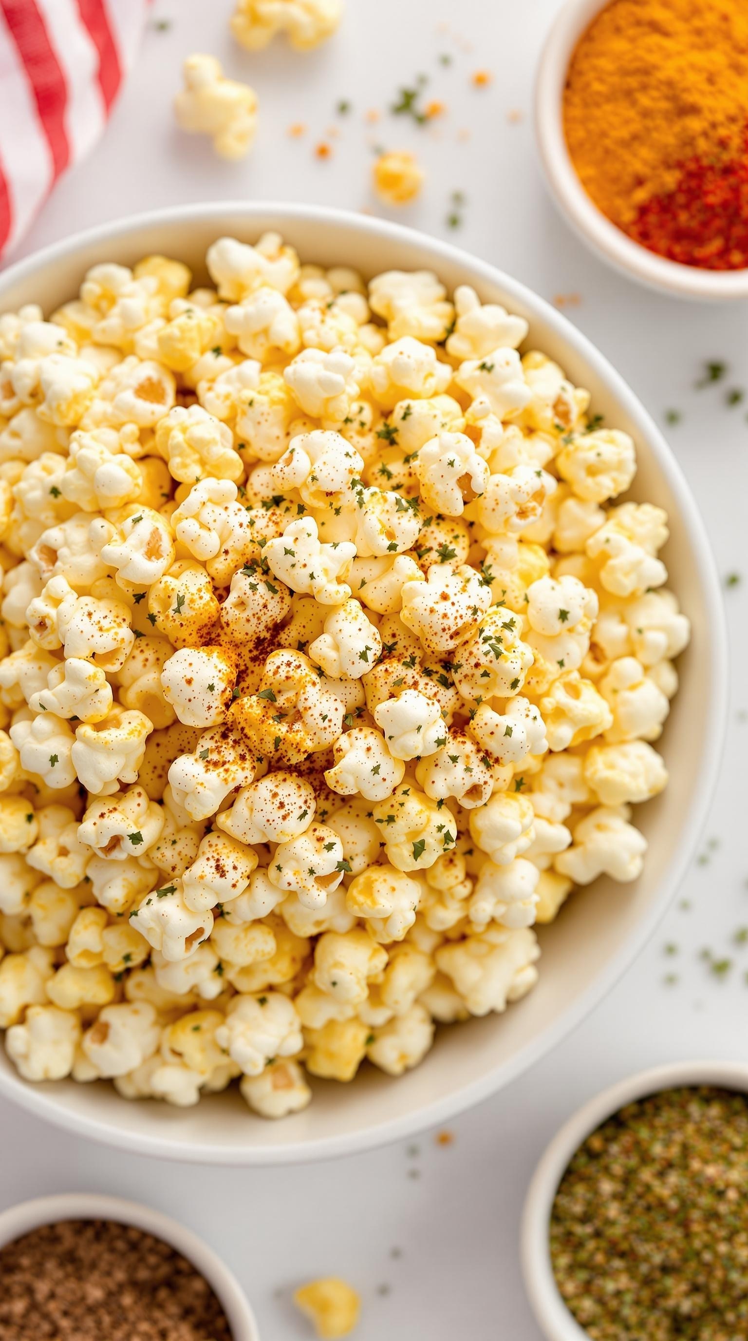 Bowl of popcorn with various seasonings sprinkled on top