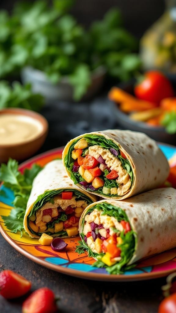 Colorful vegan wraps filled with fresh vegetables on a vibrant plate.