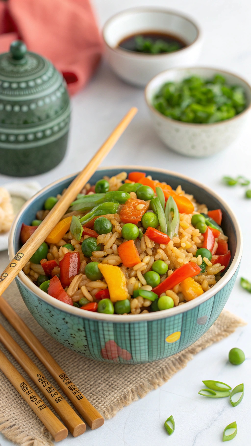 A bowl of colorful veggie-packed stir-fried rice with chopsticks
