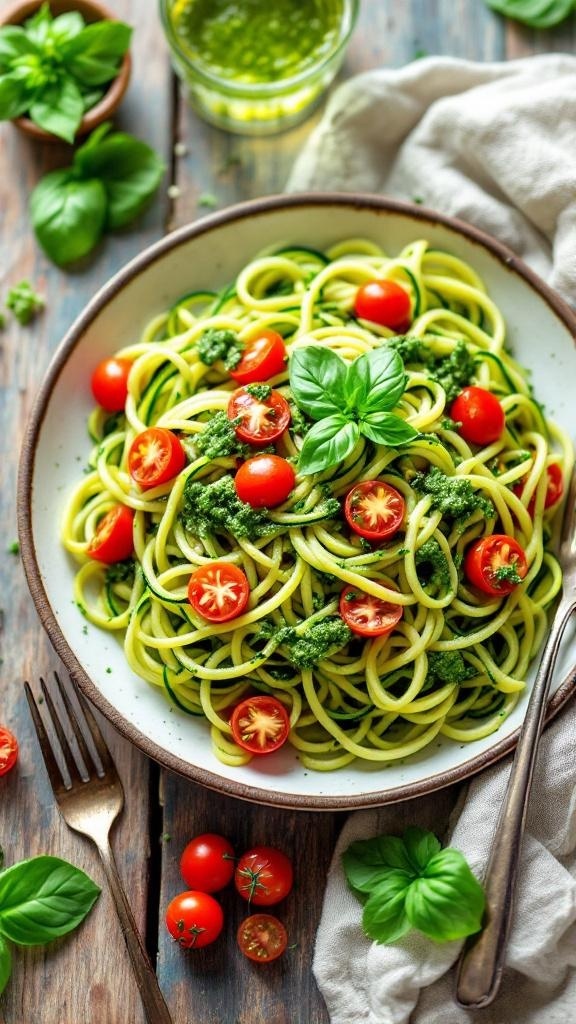 A bowl of zucchini noodles topped with pesto and cherry tomatoes, garnished with fresh basil.