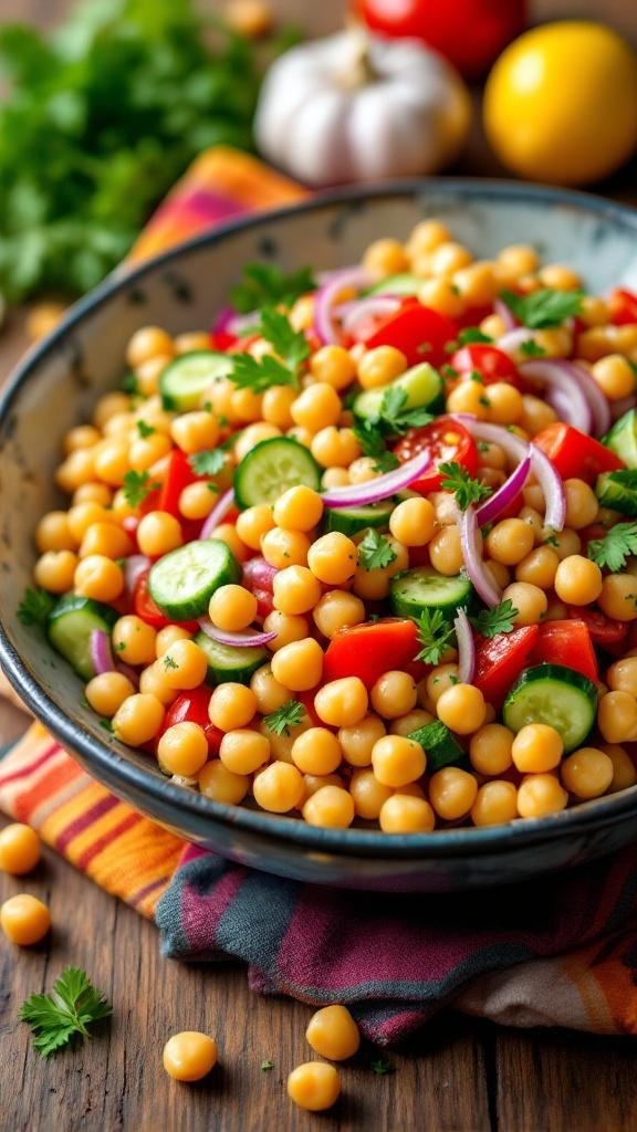 A colorful chickpea salad bowl with tomatoes, cucumbers, and herbs.