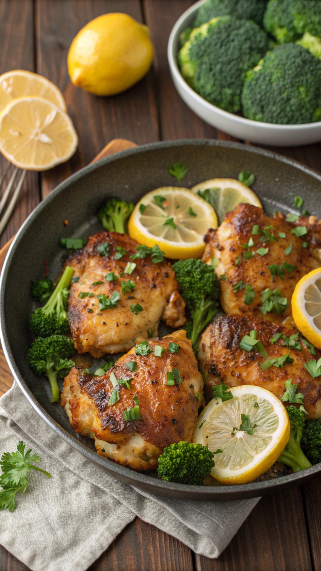 A skillet with garlic lemon chicken thighs and broccoli, garnished with lemon slices and parsley.