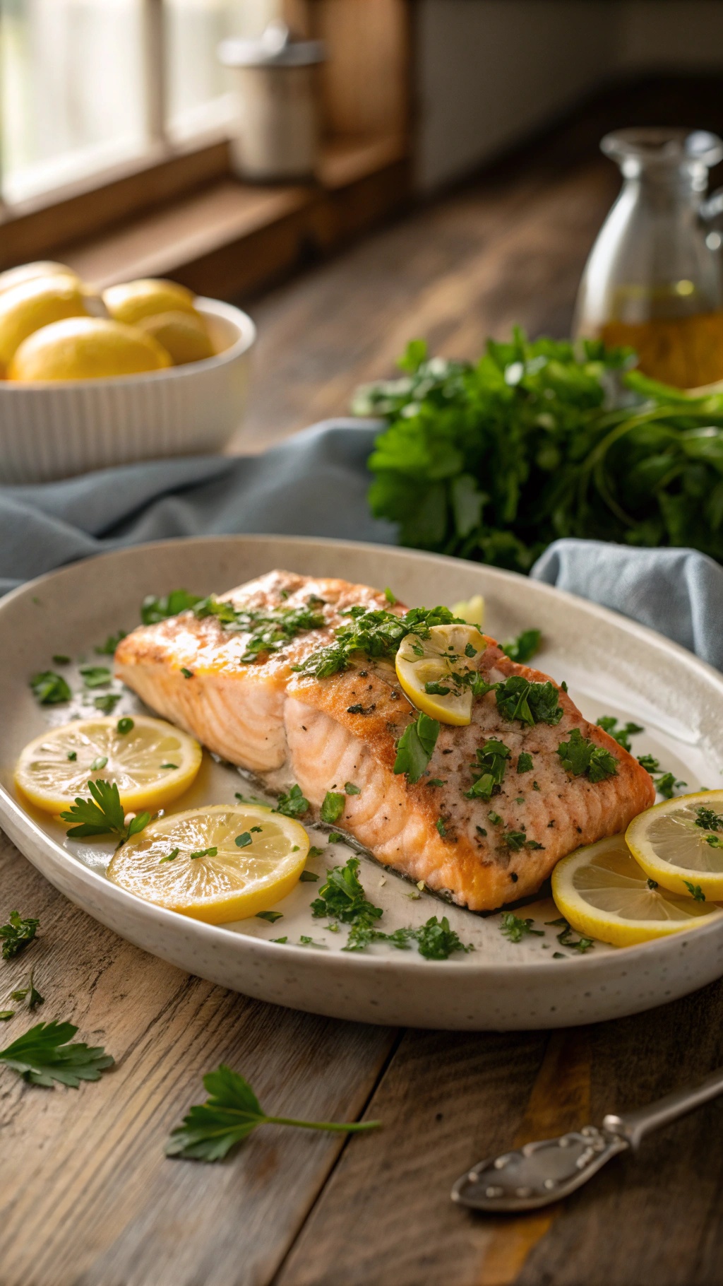 A plate of lemon garlic salmon garnished with parsley and lemon slices, served with a rustic background.