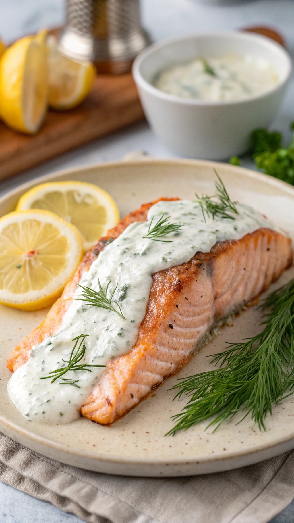 A plate of baked salmon topped with dill sauce, garnished with fresh dill and lemon slices.