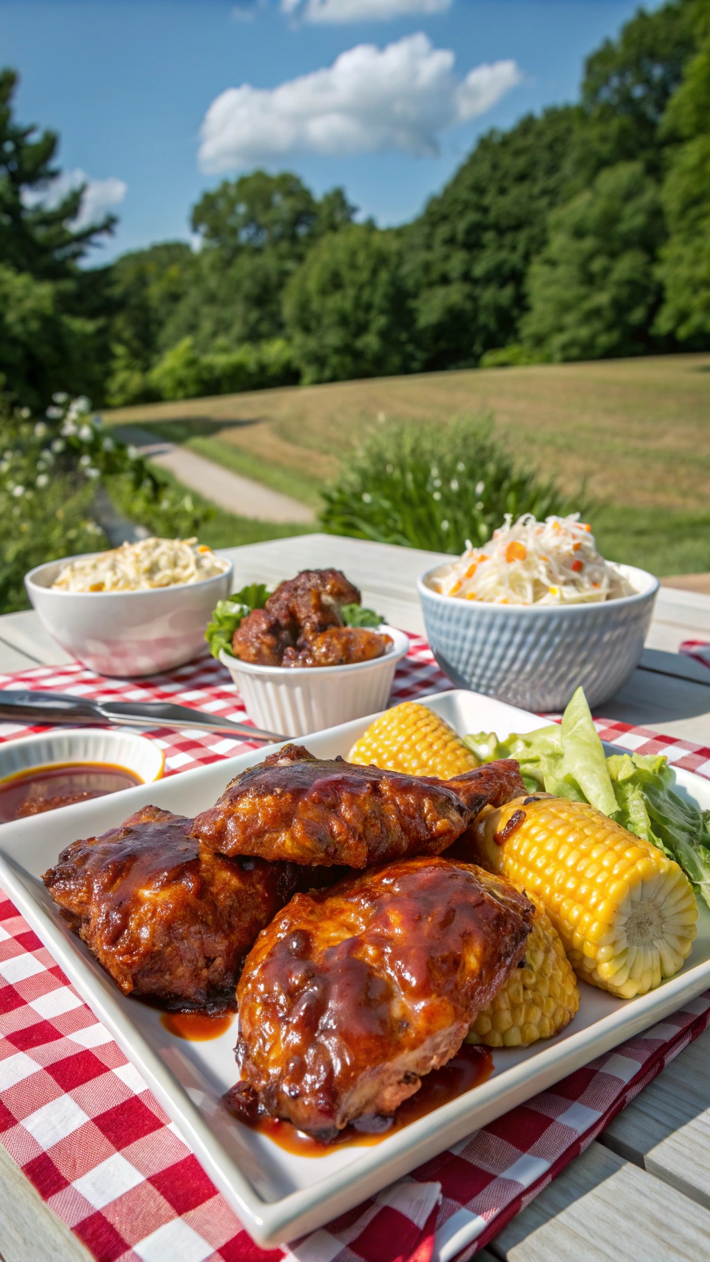 A plate of BBQ chicken thighs with corn and greens, set outdoors.