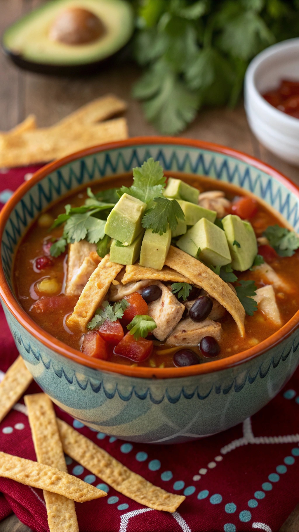 A bowl of chicken tortilla soup topped with avocado, cilantro, and tortilla strips, with ingredients scattered around.