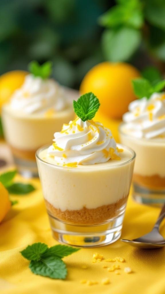 Quick Lemon Cheesecake Cups with whipped cream and mint garnish