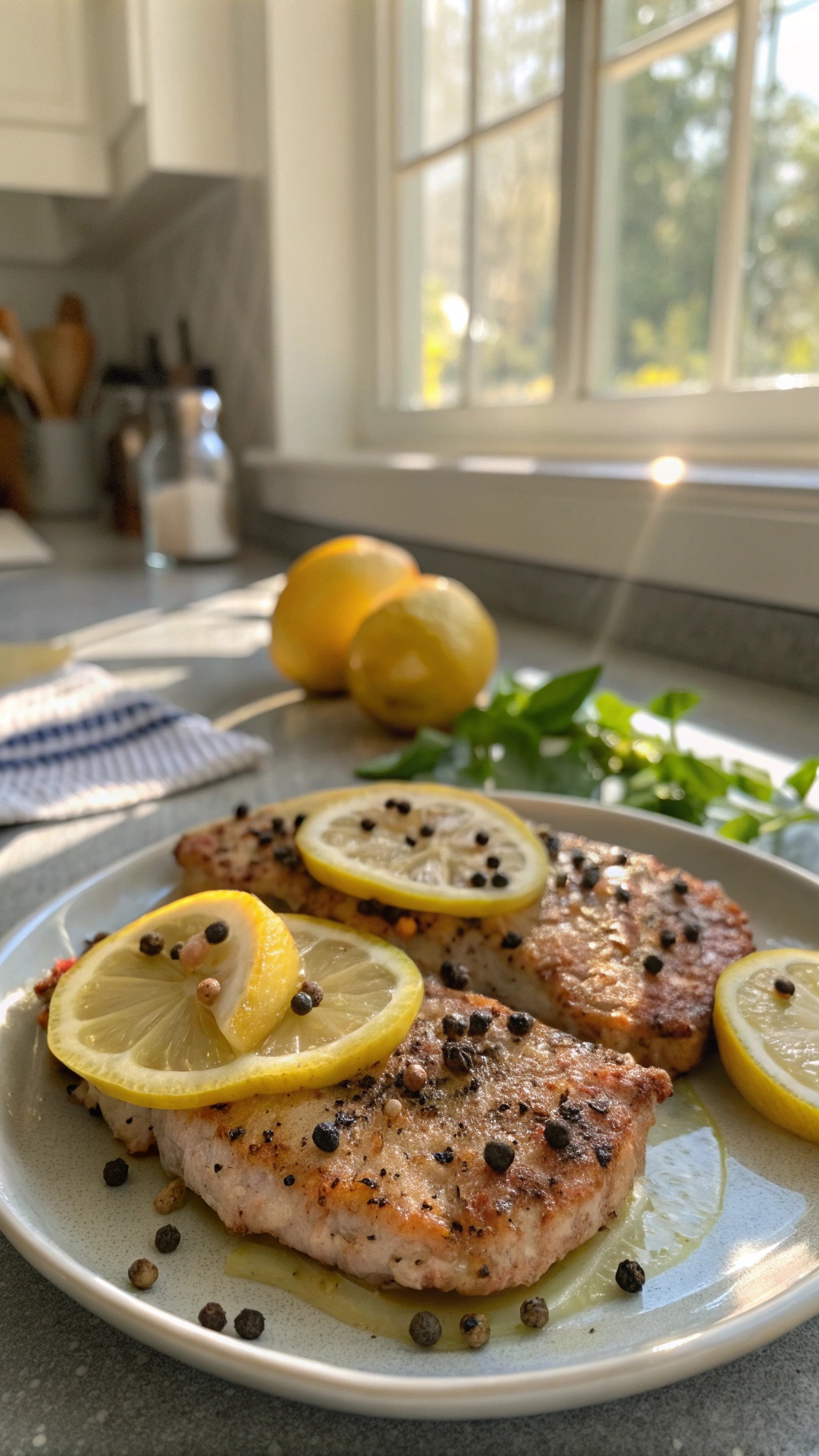 Plate of lemon pepper pork chops with lemon slices and peppercorns