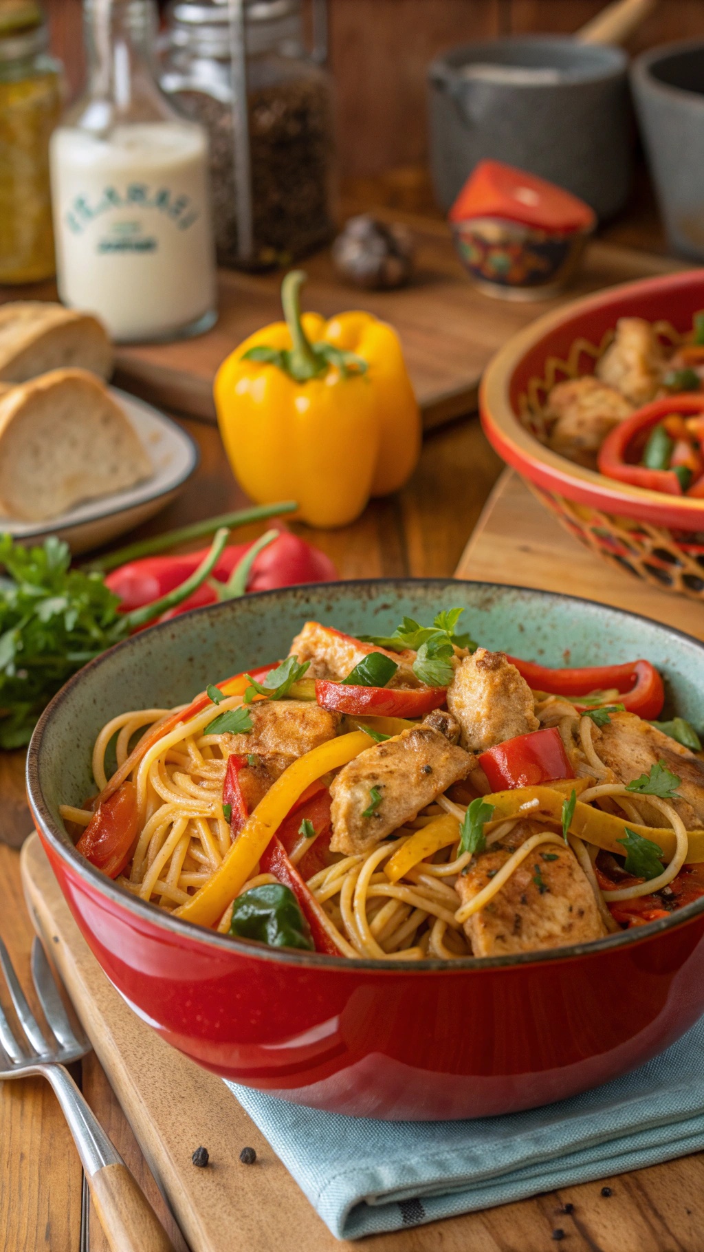 A bowl of Cajun chicken spaghetti with colorful bell peppers and garnished with parsley.