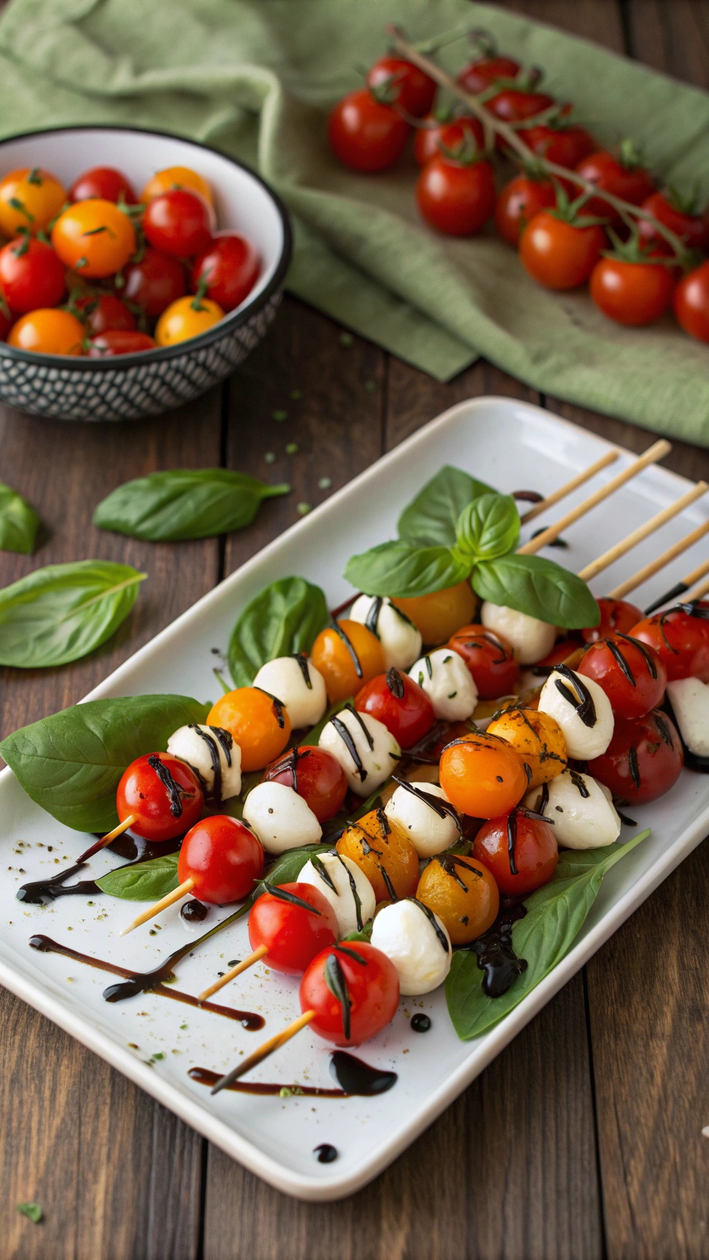Caprese salad skewers with cherry tomatoes, mozzarella, and basil on a platter