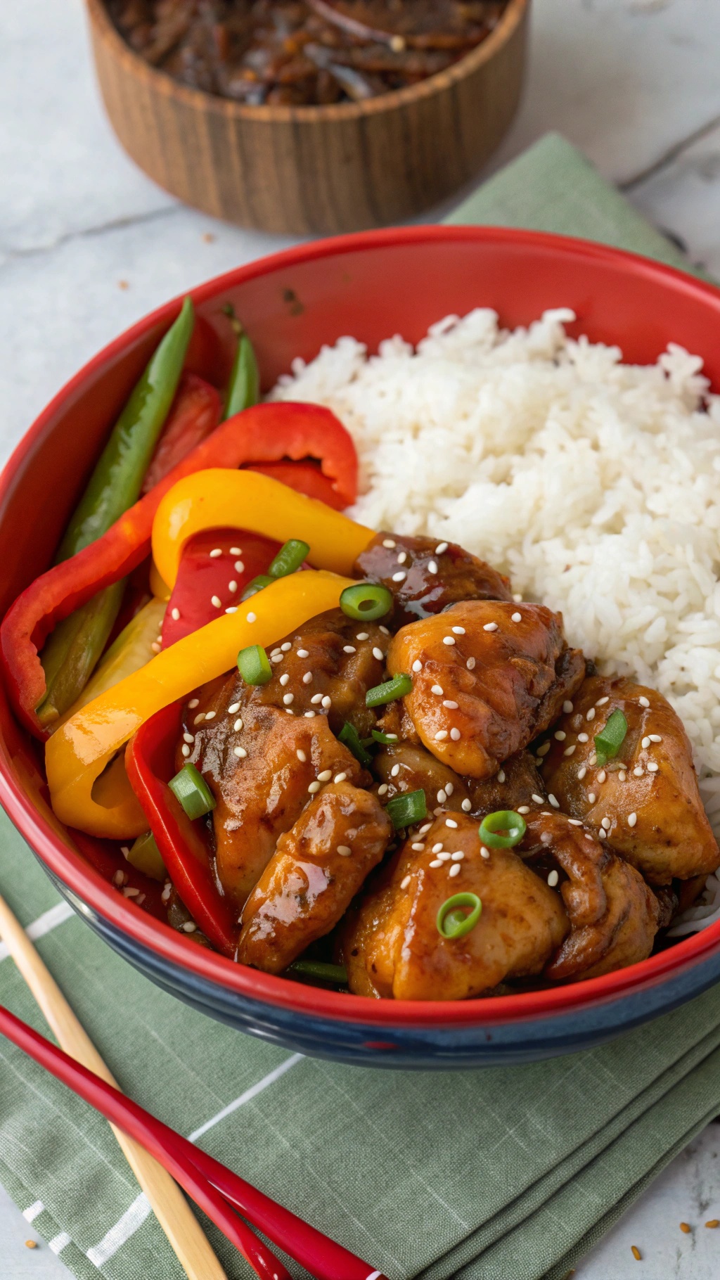 Bowl of teriyaki chicken thighs with colorful bell peppers and white rice