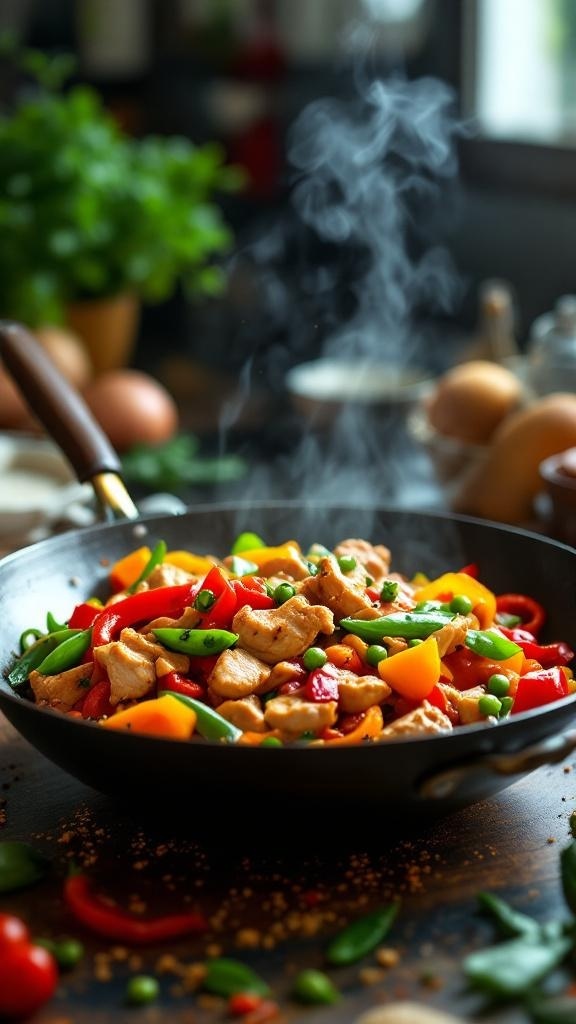 A colorful turkey stir-fry with bell peppers and snap peas in a black skillet.