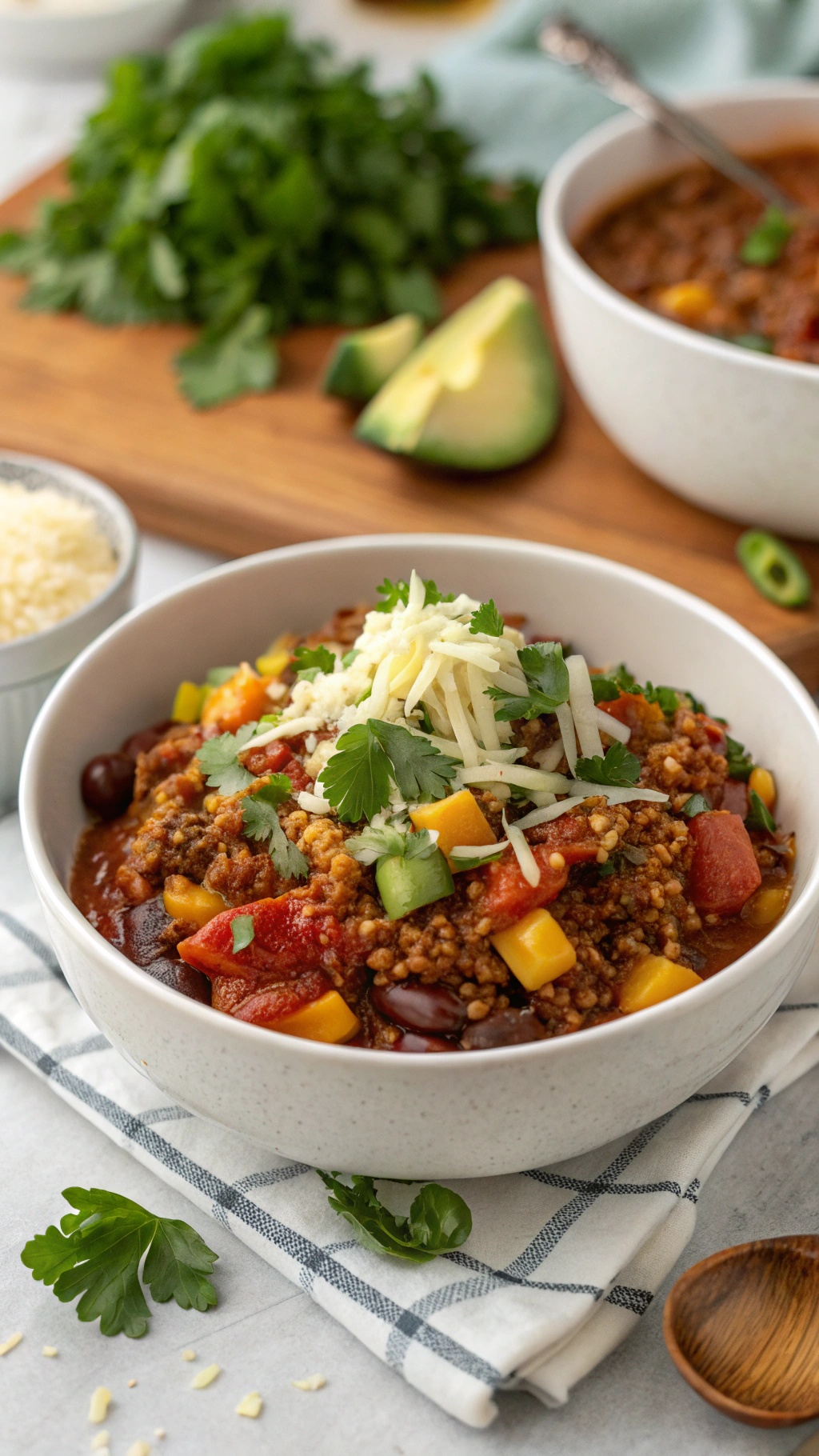 A bowl of quinoa chili topped with cilantro and cheese, surrounded by fresh ingredients.