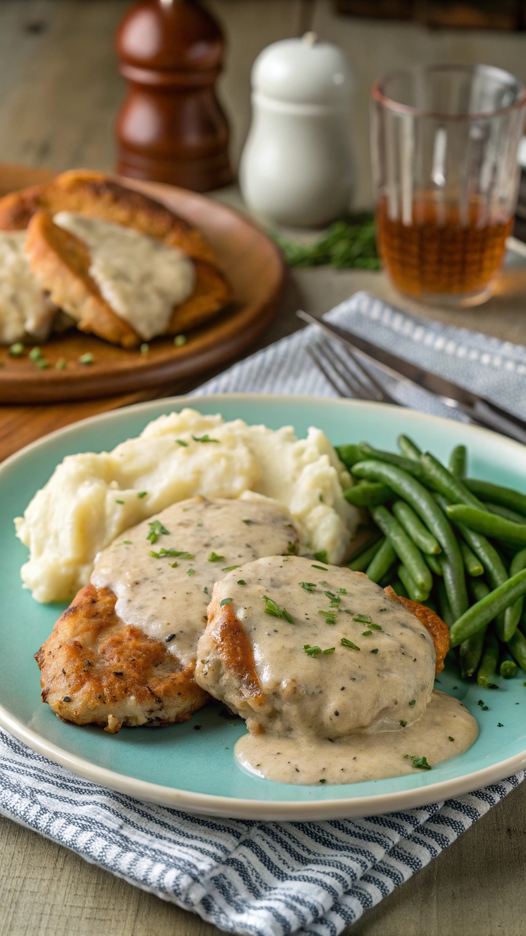 A plate of ranch chicken with creamy sauce, mashed potatoes, and green beans.