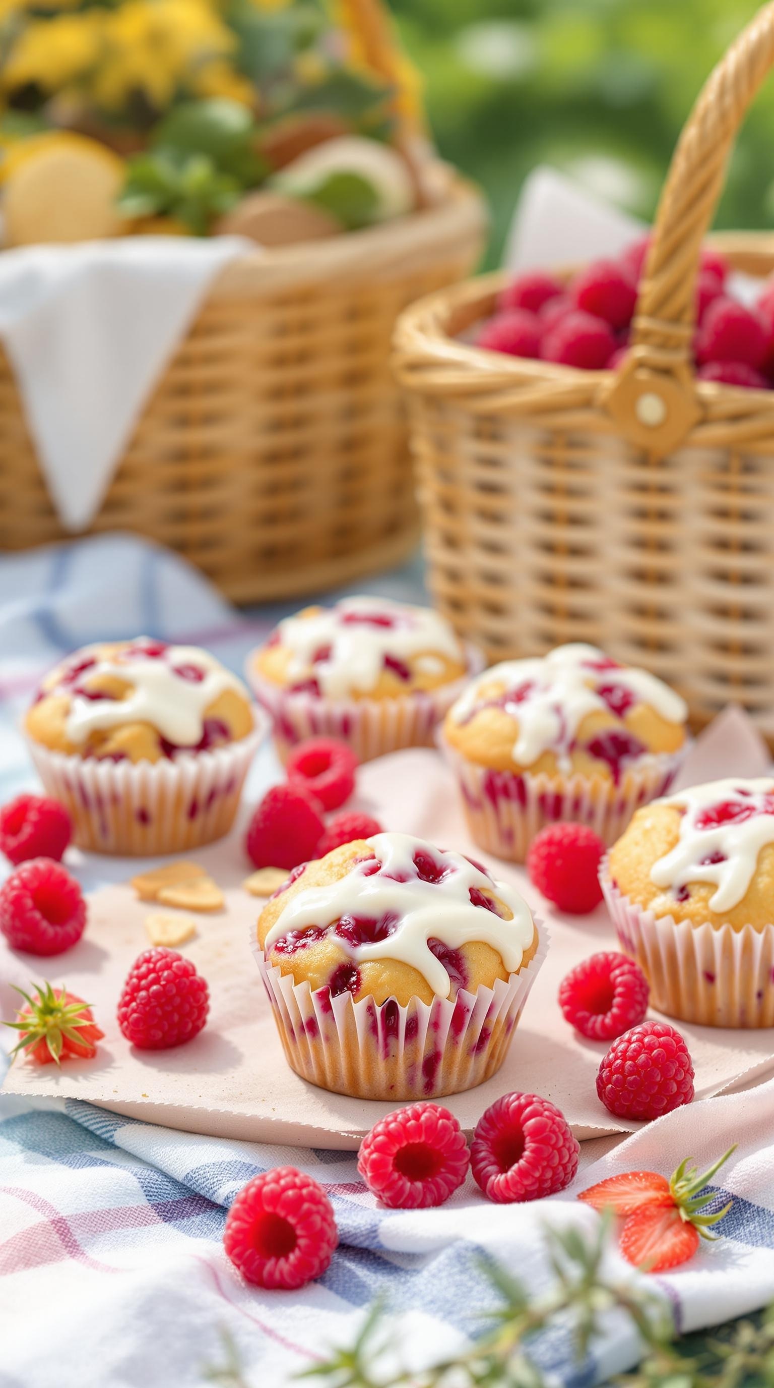 Delicious raspberry yogurt muffins with a drizzle of icing, surrounded by fresh raspberries and a picnic basket.