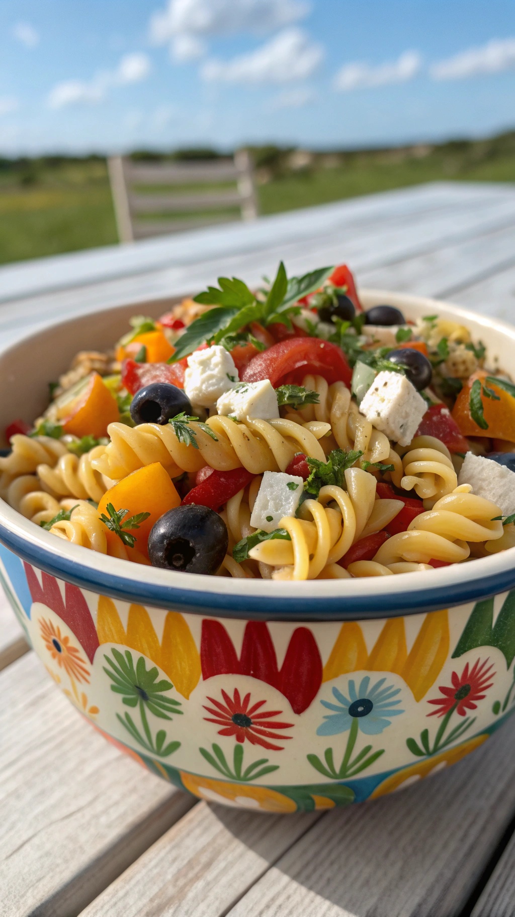 A colorful bowl of cold pasta salad with rotini pasta, cherry tomatoes, bell peppers, olives, and feta cheese.