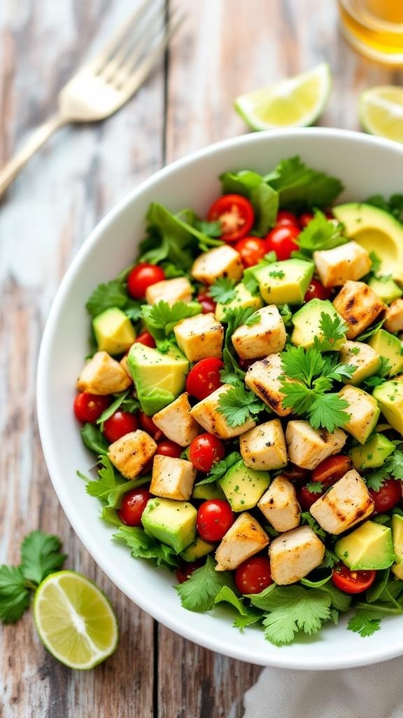 A bowl of avocado chicken salad with diced chicken, cherry tomatoes, and cilantro on a wooden table.