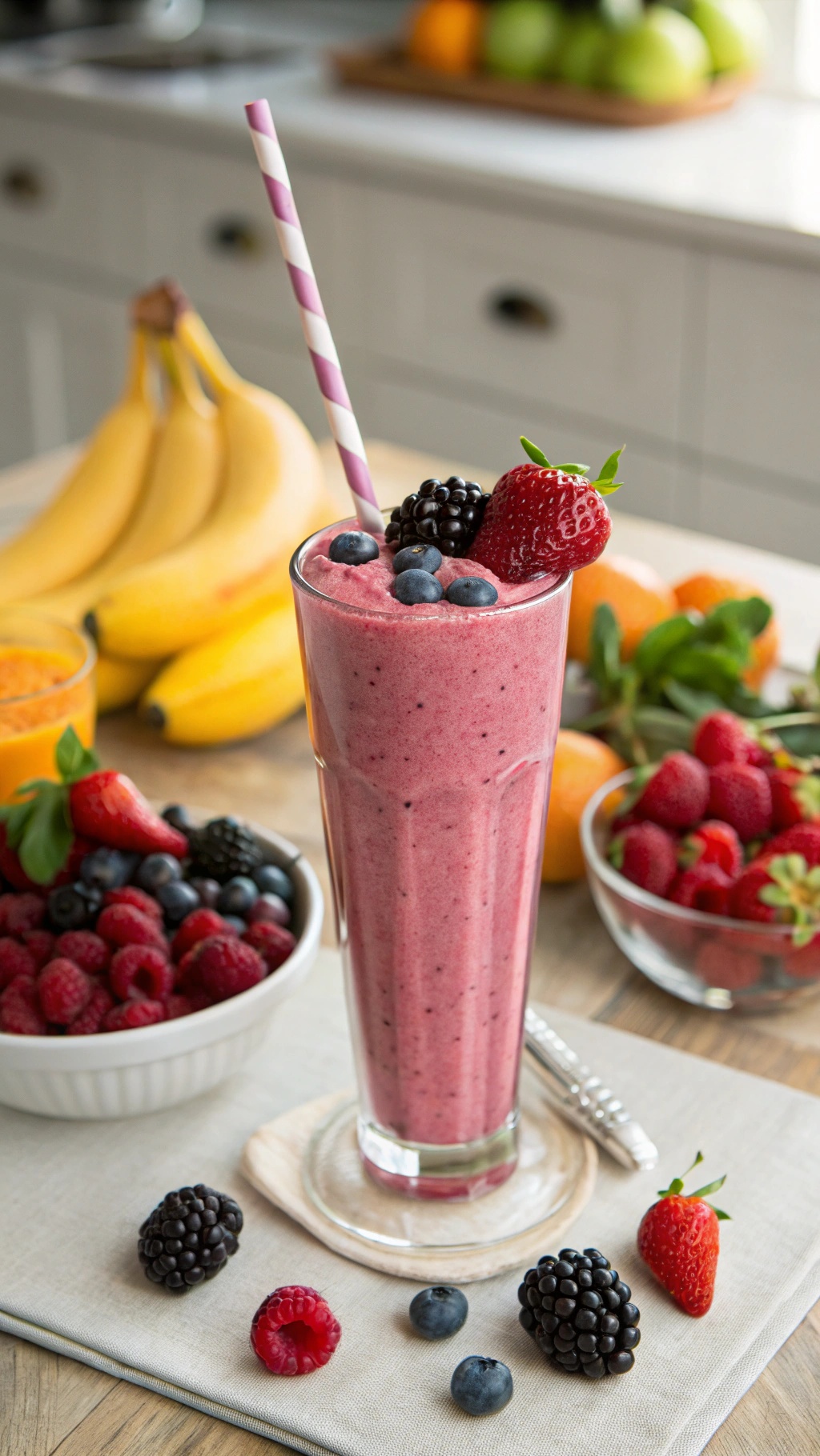 A refreshing berry protein smoothie in a tall glass with a pink straw, surrounded by fresh fruits.
