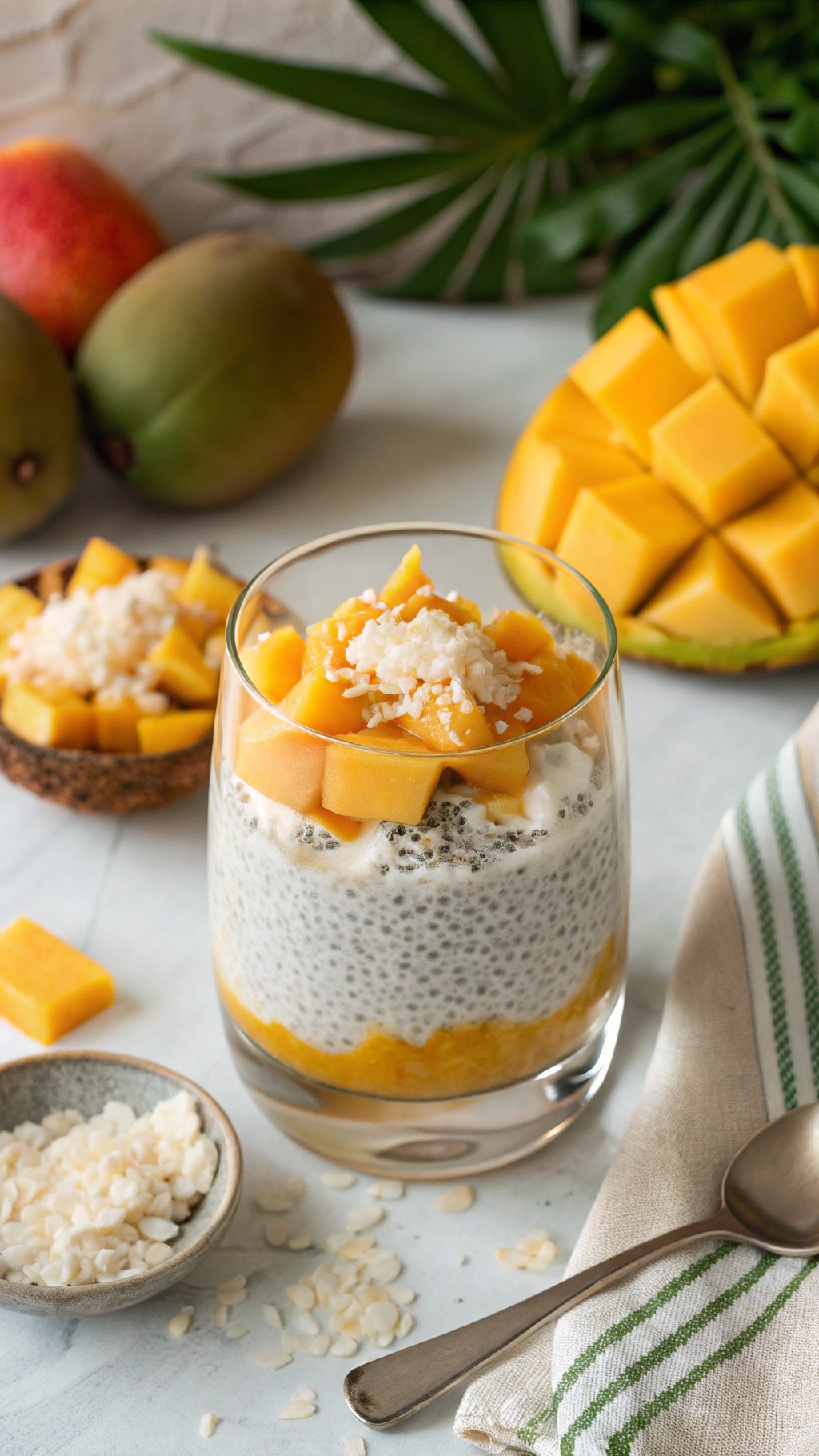 A glass of chia pudding topped with diced mango and shredded coconut, with mango slices in the background.