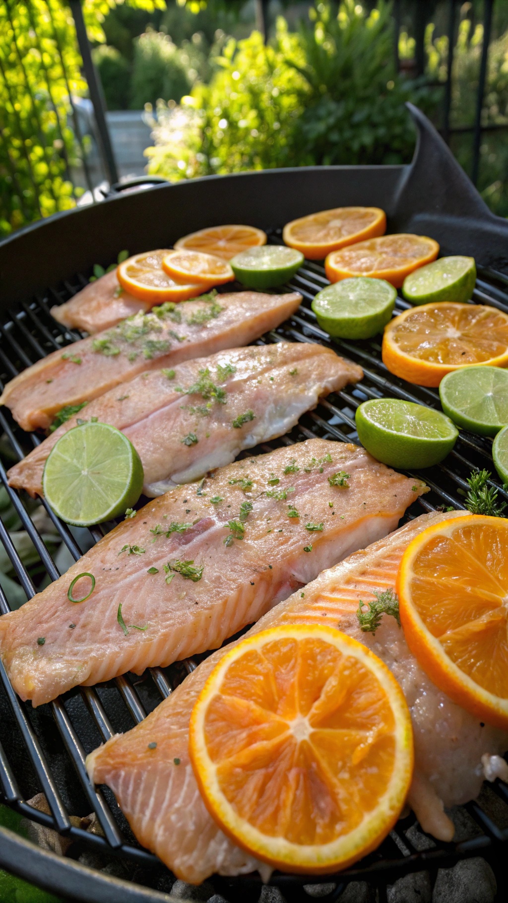 Grilled fish fillets with orange and lime slices on a grill