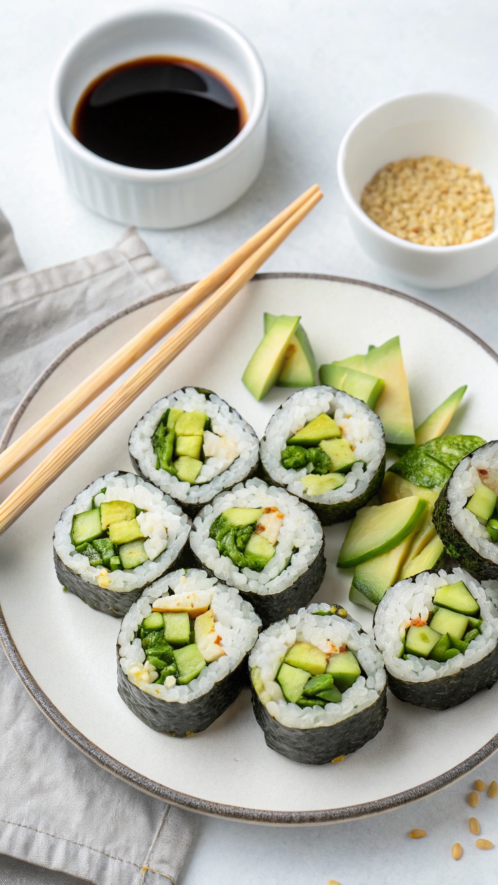 Cucumber and avocado sushi rolls on a plate with dipping sauce and sesame seeds