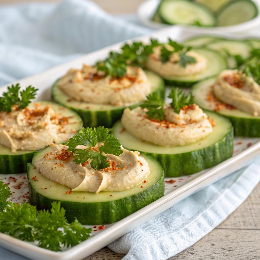 Cucumber slices topped with hummus, garnished with herbs and spices.