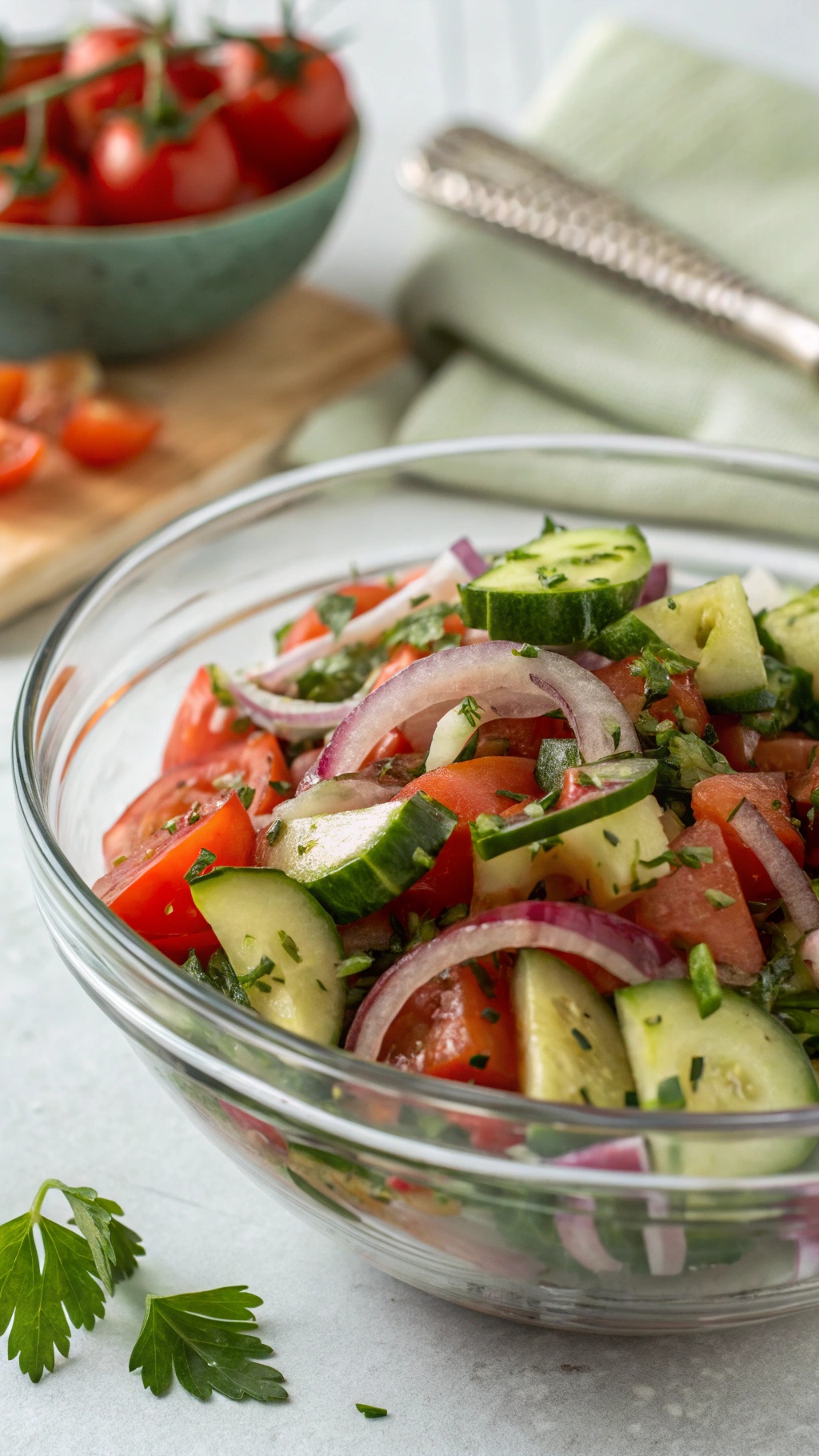 A refreshing cucumber and tomato salad in a glass bowl, garnished with parsley and red onion.