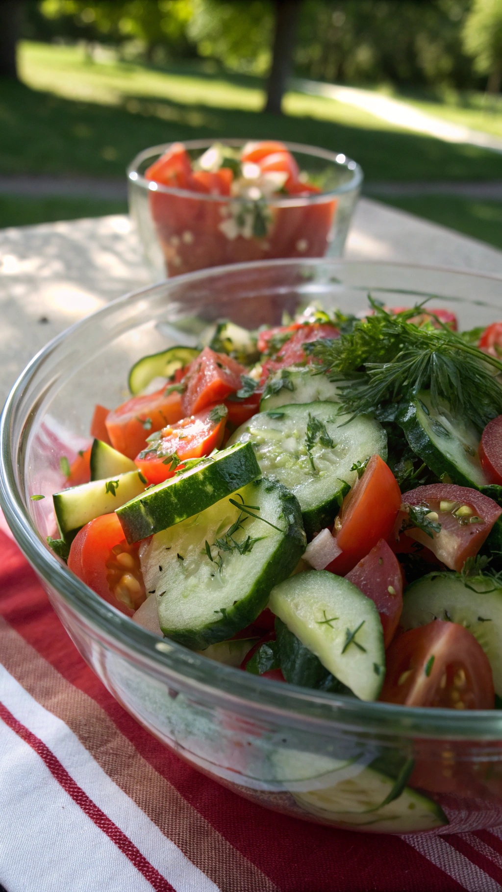 A bowl of cucumber and tomato salad with fresh herbs