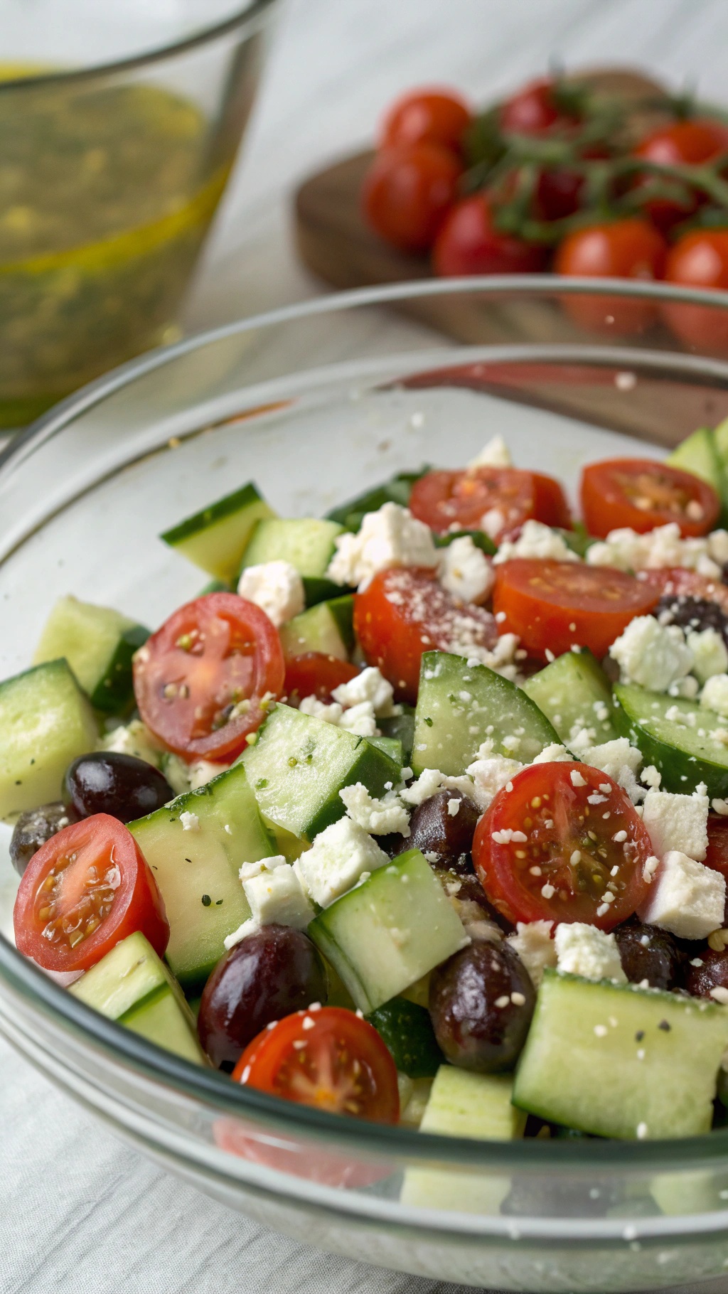 A colorful cucumber and tomato salad with feta cheese and olives in a glass bowl.