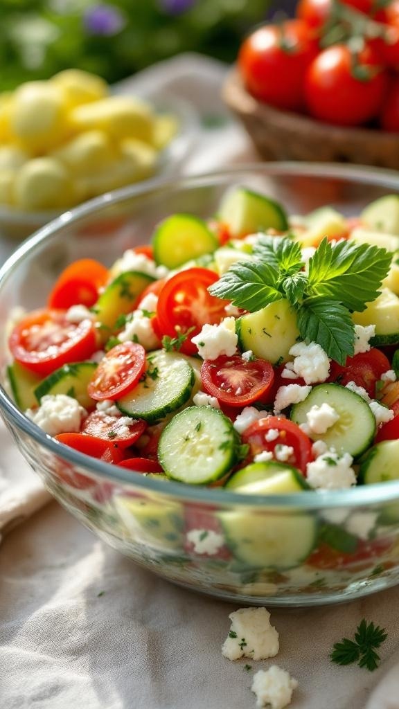 A bowl of cucumber and tomato salad with feta cheese, garnished with fresh herbs.