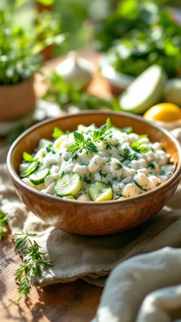 A bowl of cucumber and yogurt salad garnished with fresh herbs.