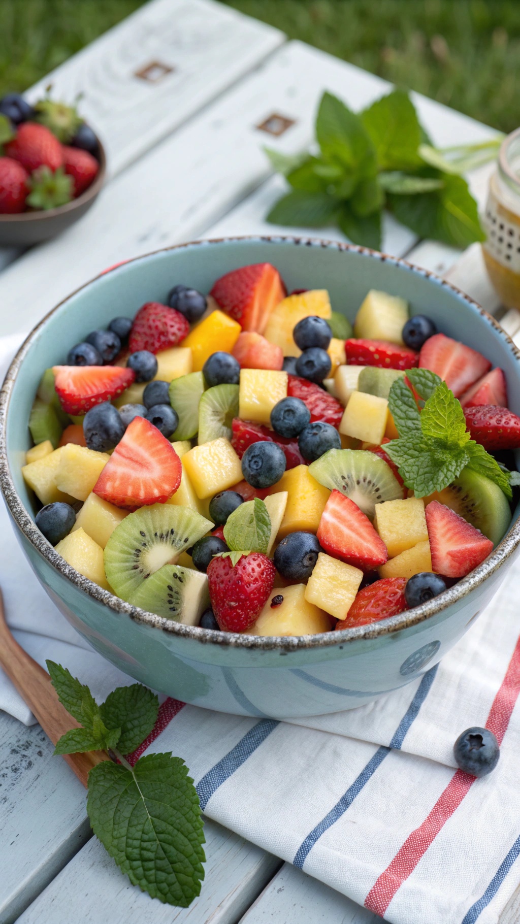 A colorful bowl of fruit salad with strawberries, blueberries, kiwi, mango, and cantaloupe, garnished with mint leaves.
