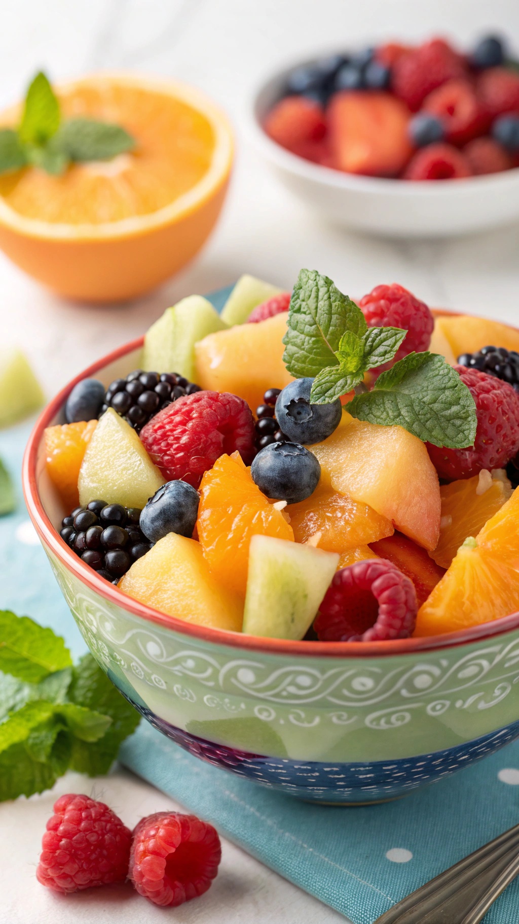 A colorful bowl of fruit salad with watermelon, cantaloupe, honeydew, strawberries, blueberries, and orange segments, garnished with mint.