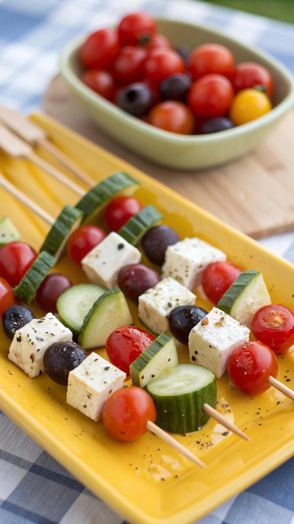 Colorful Greek salad skewers with cherry tomatoes, cucumbers, feta cheese, and olives on a yellow plate.