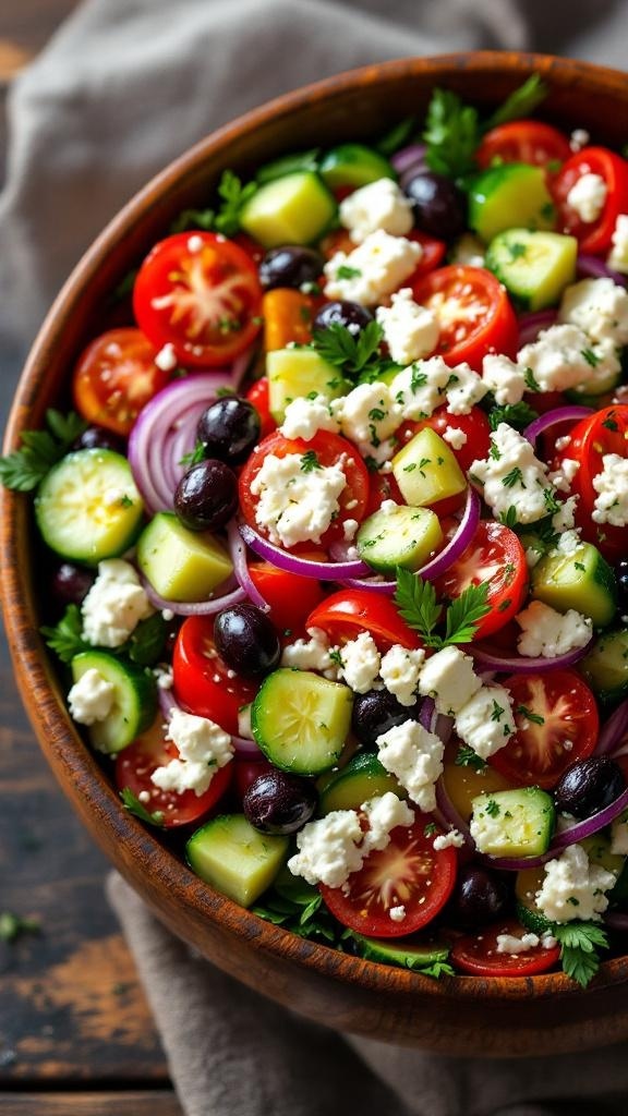 A vibrant Greek salad with tomatoes, cucumbers, olives, and feta cheese in a wooden bowl.