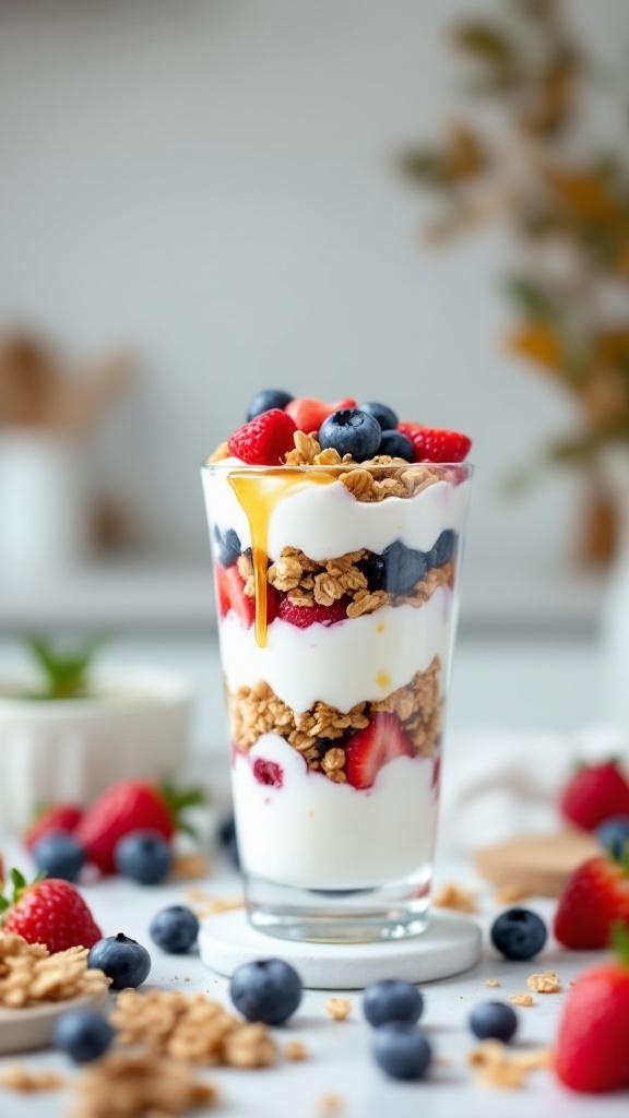 A Greek yogurt parfait with layers of yogurt, granola, and mixed berries in a glass.