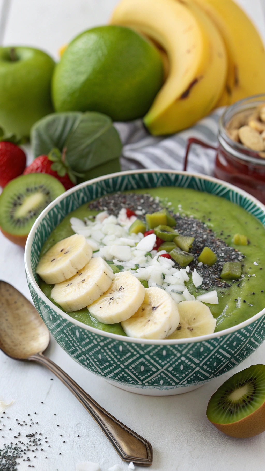 A vibrant green smoothie bowl topped with banana slices, chia seeds, and fresh fruits, surrounded by additional fruits.