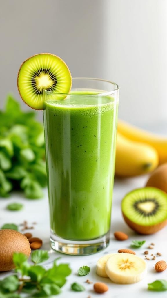 A refreshing green smoothie in a glass, garnished with a slice of kiwi, surrounded by fresh fruits and nuts.