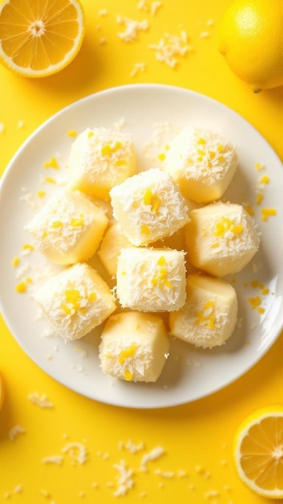 A plate of lemon coconut fat bombs on a bright yellow background, garnished with lemon slices.