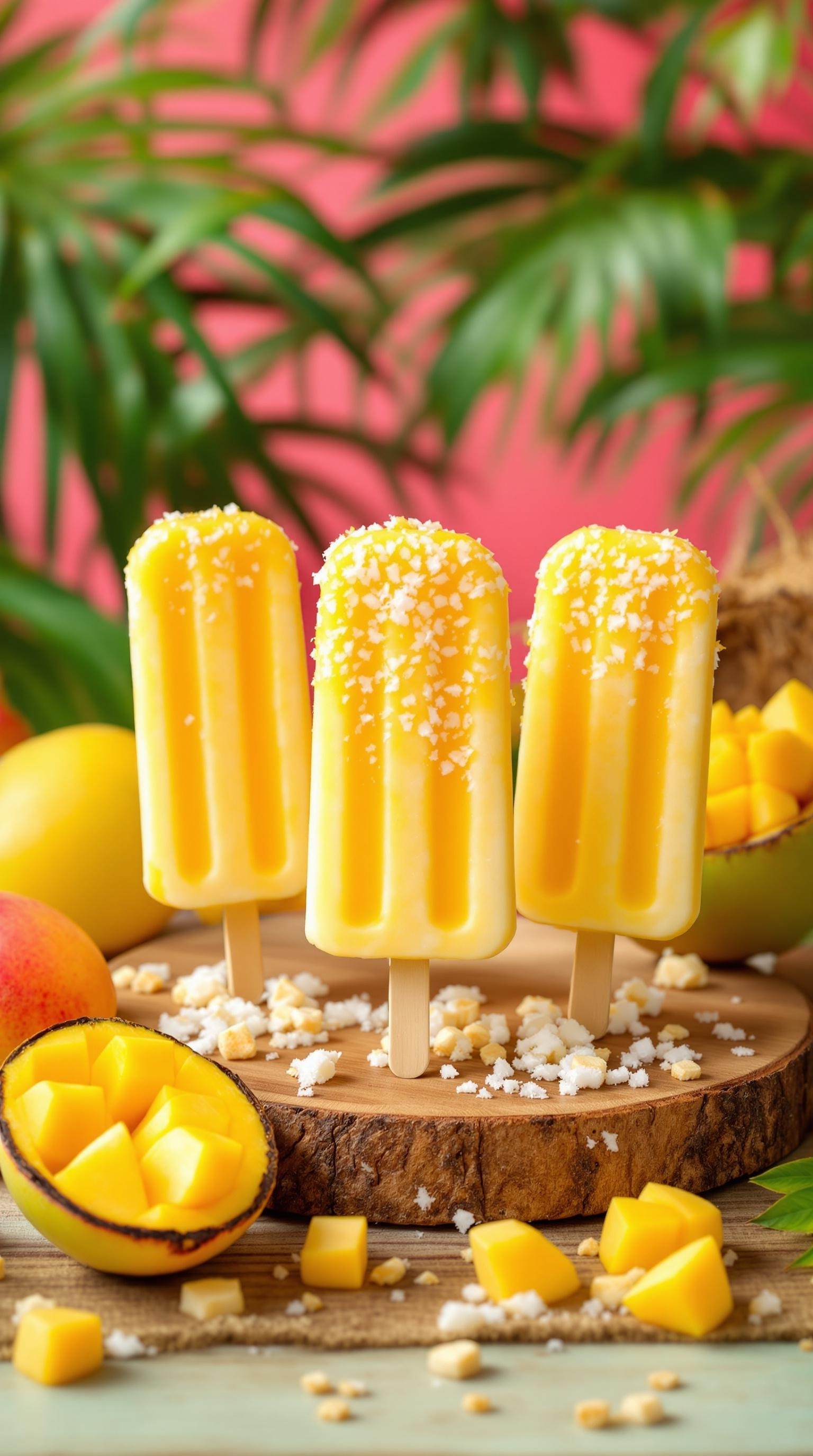 Mango coconut popsicles on a wooden board with fresh mango pieces and shredded coconut.